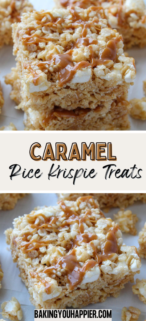 Caramel Rice Krispie Treats, swirls of caramel between ooey-gooey marshmallows and Rice Krispies cereal and topped with even more caramel! Golden Grahams Rice Krispie Treats, Boozy Rice Krispie Treats, Rice Krispie With Caramel, Rice Krispie Treats Caramel, Rice Crispy Bars Recipe, Carmel Rice Crispy Treat, Small Batch Rice Crispy Treats, Crunch Bars Recipe Rice Krispies, Rice Krispie Recipes Easy