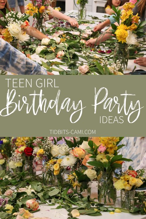 How to teach kids and teens about arranging flowers, great birthday party idea for teenage girls. #birthdayparty #partyideas #camitidbits Teenage Garden Party, Girls 15th Birthday Party Ideas, Birthday Ideas For Teenage Girl, 15 Year Girl Birthday Party Ideas, Teenage Girl Party Ideas, 12 Birthday Party Ideas Girl, 15th Birthday Party Ideas At Home, Teenage Girl Birthday Party Ideas, Birthday Themes For Teenage Girl