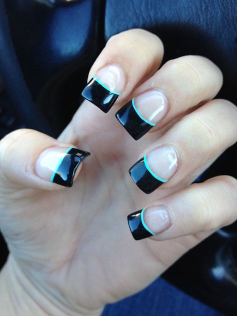 Black and mint French tips Black And Blue Nails French Tips, Mint And Black Nails, Mint French Tip Nails, Black And Blue Nails, Black Nail Tips, Fun Nail Designs, Mint Nails, Nail Glam, Turquoise Nails