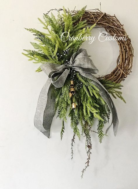 Christmas Wreaths With Bells For Front Door, Modern Winter Wreath, Rustic Winter Wreath, Boho Christmas Wreaths For Front Door, Winter Wreaths After Christmas, Wreaths With Bells, Wreaths For Front Door Christmas, Bell Wreath, Cedar Wreath