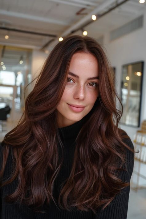 Person with long brown hair wearing a black turtleneck in a modern room. Brown Hair For Warm Skin Tones, Light Chocolate Brown Hair Color, Warm Chocolate Brown Hair, Light Chocolate Brown Hair, Chocolate Brunette Hair, Rich Brown Hair Color, Mocha Brown Hair, Chocolate Brown Hair Color Ideas, Brown Hair With Highlights And Lowlights