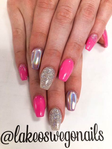 Neon Nails With Chrome, Hot Pink Nails Valentine's Day, Disco Party Nails, Pink Disco Nails, Neon Pink Chrome Nails, Hot Pink And Silver Nails, Hot Pink Sparkly Nails, Chrome And Glitter Nails, Hot Pink Glitter Nails