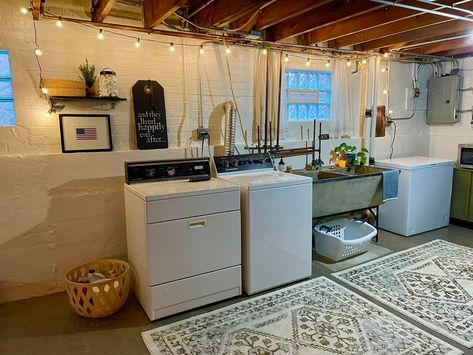 Low Ceiling Basement Laundry Room, Unfinished Basement Hangout Ideas, Townhouse Basement Ideas, Unfinished Basement Ideas For Renters, Cheap House Renovations, Refinished Basement Ideas, Unfinished Laundry Room Makeover, Basement Laundry Room Ideas Unfinished, Basement Apt Ideas