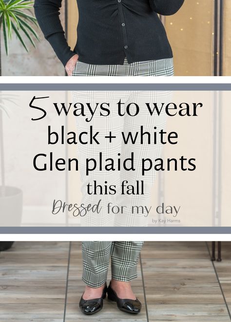 Black And White Work Pants Outfit, What To Wear With Black And White Plaid Pants, What To Wear With Black Pinstripe Pants, Black And White Check Pants Outfit, Women’s Plaid Pants Outfit, Black Windowpane Pants Outfit, Black Pinstripe Pants Outfit For Work, What To Wear With Houndstooth Pants, Gray Sweater Black Pants Outfit