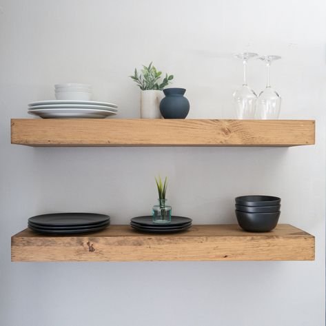 MODERN Floating Shelves 3 Inches Thick - Etsy Canada Farmhouse Kitchen With Floating Wood Shelves, Floating Shelves In Bar, Raw Wood Floating Shelves, Bathroom Wood Floating Shelves, Floating Butcher Block Shelves, Chunky Wood Shelves, Bamboo Floating Shelves, Floating Shelves For Kitchen Wall, Floating Wood Kitchen Shelves