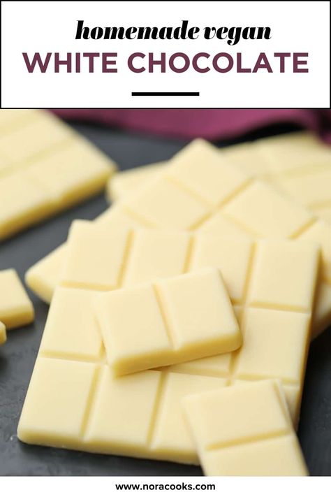 Learn how to make vegan white chocolate at home in minutes with just 5 ingredients! You'll love this dairy free white chocolate! Dairy Free White Chocolate, Nora Cooks, Chocolate At Home, Vegan Candy, White Chocolate Recipes, Vegan White Chocolate, Chocolate Diy, Vegan Candies, White Chocolate Chip Cookies