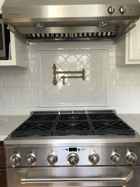 Waterstone Pot Filler Kitchen Pot Filler Ideas, Backsplash Over Stove Kitchen, Kitchen Backsplash Ideas With Pot Filler, Pot Filler Above Stove, Pot Fillers Over Stove Farmhouse, Pot Filler Tile Backsplash, Pot Filler Backsplash, Pot Filler Placement, Pot Fillers Over Stove