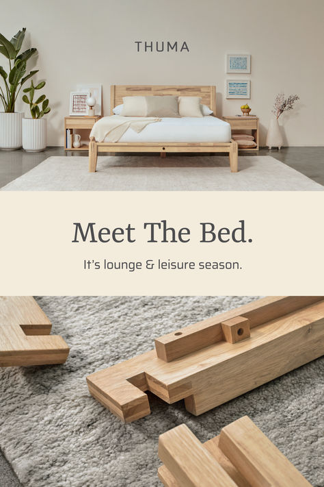 The perfect platform bed frame. The foundation to the perfect staycation. Thuma - thoughtful bedrooms for modern living. Thuma Bed Ideas, Thuma Bedroom, Thuma Bed Decor, Thuma Bed Frame, Scandinavian Bed Frames, Thuma Bed, Modern Wood Bedroom, Sustainable Bedroom, Bedroom 2025