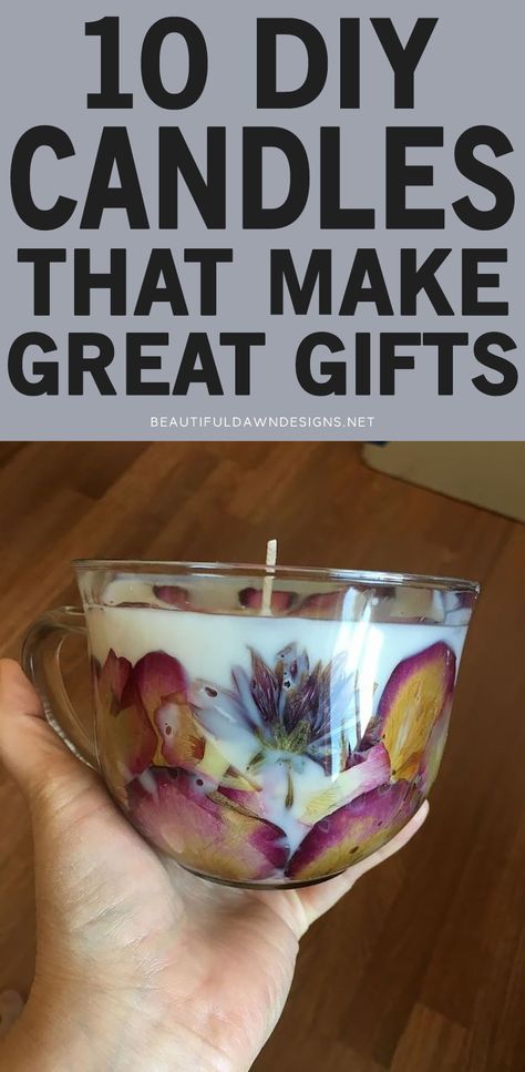 DIY candles make great gifts. You'll find 10 DIY candles that make great gifts for yourself or friends and family. Flower candle. How To Put Flowers In Candles, Candle Making Jar Ideas, How To Make Candles With Flowers, Diy Beeswax Candles With Dried Flowers, Homemade Candle With Flowers, Candle With Flowers Diy, How To Scent Candles With Spices, Dried Fruit Candles Diy, Diy Herbal Candles