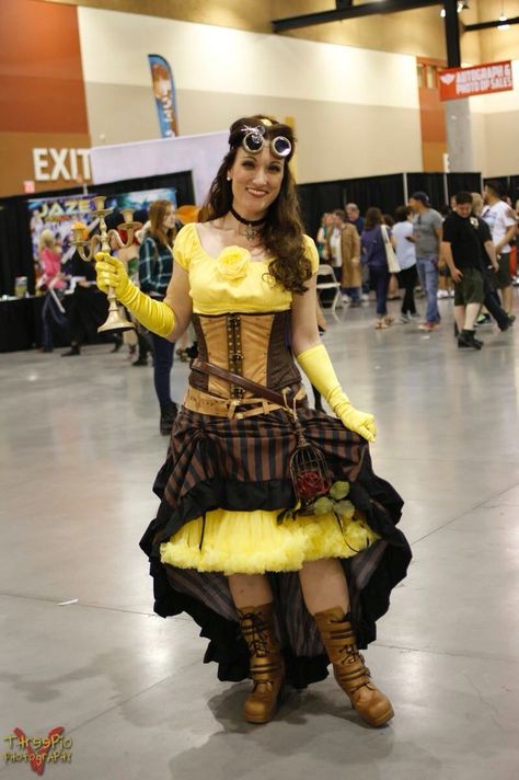 Steampunk Belle! Disney. Beauty and the Beast.  V Threepio Photography credit. Steampunk Disney Costumes, Steampunk Halloween Cosplay Dress, Steampunk Overbust Corset Dress For Cosplay, Disney Steampunk Cosplay, Steampunk Disney Princesses, Steampunk Belle, Black Pirates, Steampunk Diy Costume, Steampunk Ariel