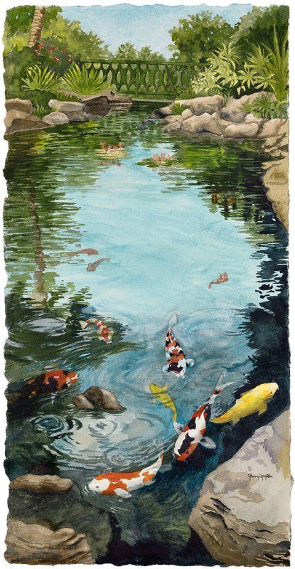 Koi Pond Watercolor, Fish Pond Wallpaper, Koi Pond Drawing, Koi Fish Pond Painting, Fish Pond Painting, Traditional Chinese Buildings, Koi Pond Painting, Koi Pond Art, Pond Watercolor