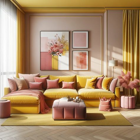 rose pink and mustard yellow living room Pink And Yellow Decor, Mustard Yellow Living Room, Peach Living Room, Peach Living Rooms, Bedroom Interior Colour, Living Room Downstairs, Mustard Living Rooms, Trending Color Palettes, Mustard Yellow Decor