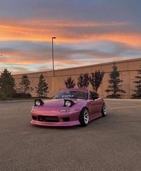 jdm girlies dream car 🫶🏽 mazda miata 1995 mx5, pink car, pink jdm car 1990 Mazda Mx-5 Miata, Mazda Aesthetic, Pink Jdm, Pop Up Headlights, Miata Mods, Expensive Interior, Mx5 Mazda, Miata 1990, Miata Car