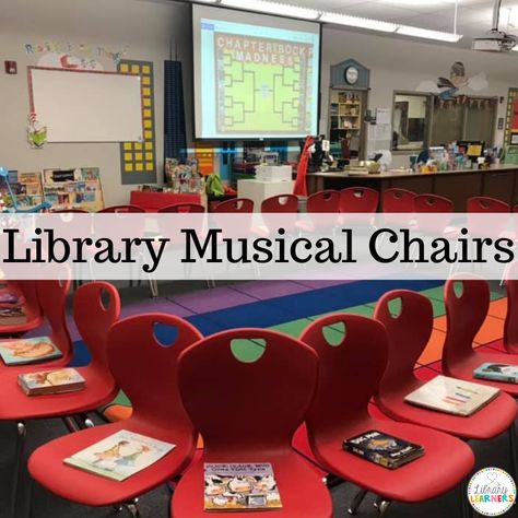 Library musical chairs is a terrific game to promote reading and incorporate technology with Google Form surveys. Library Lessons Elementary, School Library Lessons, Library Orientation, Elementary Librarian, School Library Decor, School Library Design, Library Plan, Library Lesson Plans, Library Games