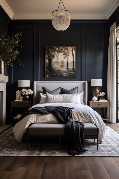 Office Workout Room Combo, Panda Bedroom Ideas, Panda Bedroom, Modern Master Suite, House Extension Ideas, Moody Bedroom Ideas, Office Workout, Dark Blue Bedrooms, Wall Paneling Diy