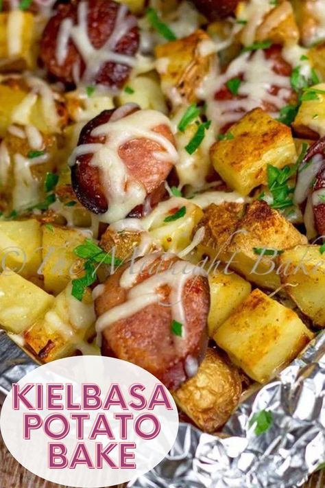 Kielbasa Potato Bake is an easy weeknight dinner recipe made with simple ingredients. Smoked Sausage And Potato Bake, Kilbasa Sausage Recipes, Smoked Sausage And Potato Recipe, Sausage And Potato Bake, Garlic Spaghetti, Smoked Sausage Recipes, Kielbasa Recipes, Polish Sausage, Potato Dinner