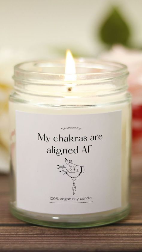 A candle used for aligning the chakras. It's a funny candle. Description on the label reads: My chakras are aligned AF. Valentines Candles Ideas, Reiki Candles, Sage Cleanse, Spiritual Friends, Manifestation Candles, Meditation Candle, Moon Sisters, Candles Ideas, Sister Funny