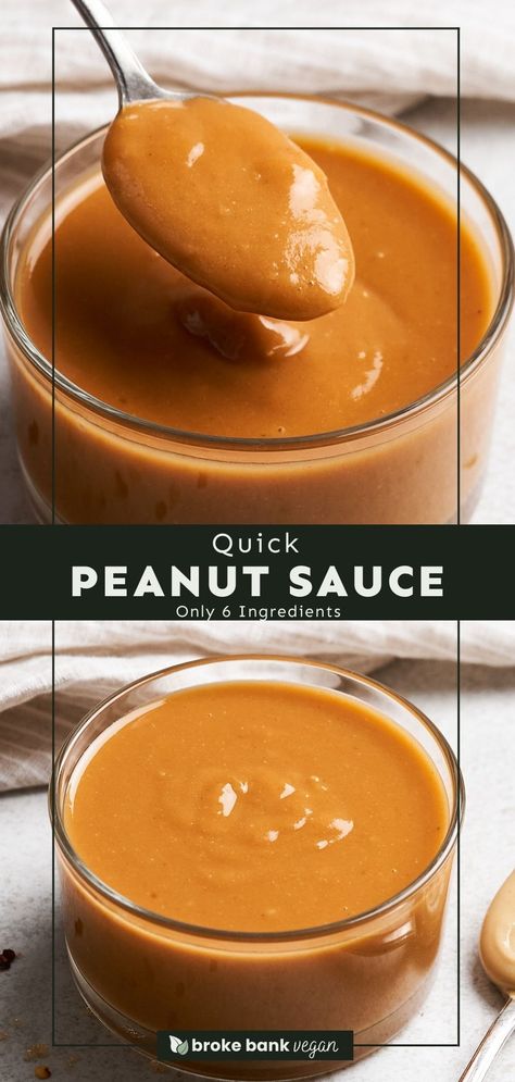 This homemade peanut sauce recipe is incredibly easy to make, budget-friendly, and so versatile! Combining the creaminess of natural peanut butter with a blend of tangy and spicy ingredients, it’s perfect for adding a punch of flavor to your meals. Serve it with stir-fries, noodles, salads, or spring rolls! #peanutsauce #vegansauces #glutenfreesauces Vegan Peanut Sauce, Vegan Fish And Chips, San Marzano Tomato Sauce, Chamoy Sauce, Spring Roll Sauce, Peanut Sauce Noodles, Easy Peanut Sauce, Homemade Peanut Sauce, Peanut Sauce Recipe