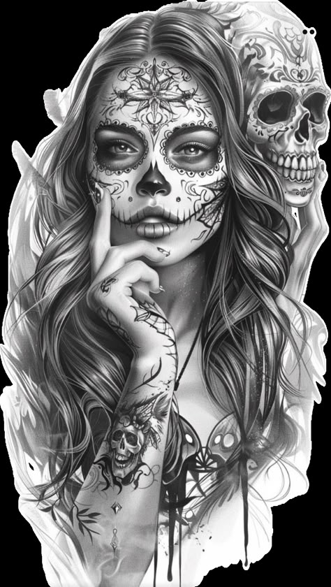 Sugar Skull Art Drawing, Sugar Skull Girl Tattoo, Suit Tattoo, Chicano Tattoos Sleeve, Gothic Tattoos, Catrina Tattoo, Skull Girl Tattoo, Mexican Art Tattoos, Girl Face Tattoo