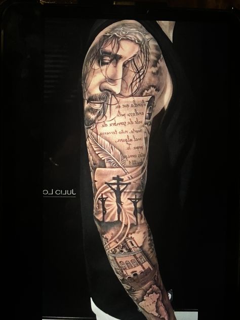 Jesus Tattoo On Arm, Jesus Forearm Tattoo, Christian Tattoos Men, Jesus Tattoo Sleeve, Religious Tattoo Sleeves, Jesus Hands, Family Tattoos For Men, 2023 Tattoo, Ganesh Tattoo