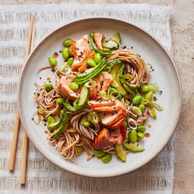 Soba Noodle Bowl, Salmon Noodles, Soba Noodles Recipe, Waitrose Food, Noodle Bowls Recipes, Soba Noodle, Buckwheat Noodles, Edamame Beans, Teriyaki Salmon