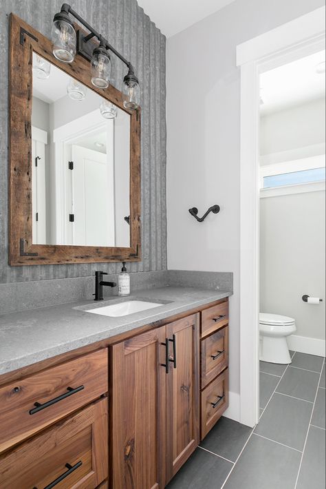 Rustic Bathroom Designs Farmhouse Style, Concrete Bathroom Countertops, Guys Bathroom, Bathroom Concrete Countertops, Bathroom Modern Farmhouse, Metal Backsplash, White Cabinets White Countertops, Man Bathroom, Concrete Countertops Bathroom