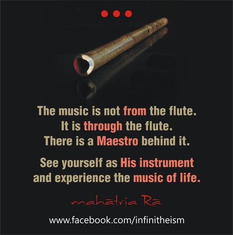 Happy Evening to all!  The music is not from the flute. It is through the flute. There is a Maestro behind it.  See yourself as His instrument and experience the music of life! Flute Quotes, Flute Memes, Flute Aesthetic, Music Quotes Inspirational, Good Morning Music, Recorder Flute, Locker Signs, Instrument Art, Happy Evening