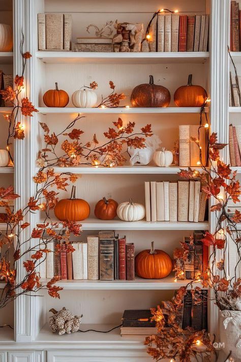 Fall Home Decor Retail Display, Fall Bookshelf Aesthetic, Simple Fall And Halloween Decor, Bookcase Fall Decor, Fall Minimal Decor, Autumn Basket Decoration, Fall Dresser Decor Ideas, Simple Fall Home Decor Ideas, Subtle Autumn Decor