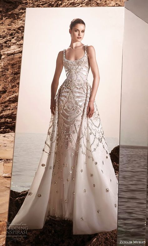 zuhair murad spring 2025 bridal sleeveless thick strap scoop neckline heavily embellished sheath wedding dress a line overskirt chapel train (4) mv -- Zuhair Murad Spring 2025 Wedding Dresses | Wedding Inspirasi  #wedding #weddings #bridal #weddingdress #weddingdresses #bride #fashion #label:ZuhairMurad #season:Spring/Summer #week:282024 #year:2025 ~ Wedding Dresses Zuhair Murad, Zuhair Murad Bridal, Zuhair Murad Dresses, Off White Wedding Dresses, Embellished Wedding Dress, Wedding Dress A Line, Wedding Inspirasi, 2025 Wedding, Sheath Wedding