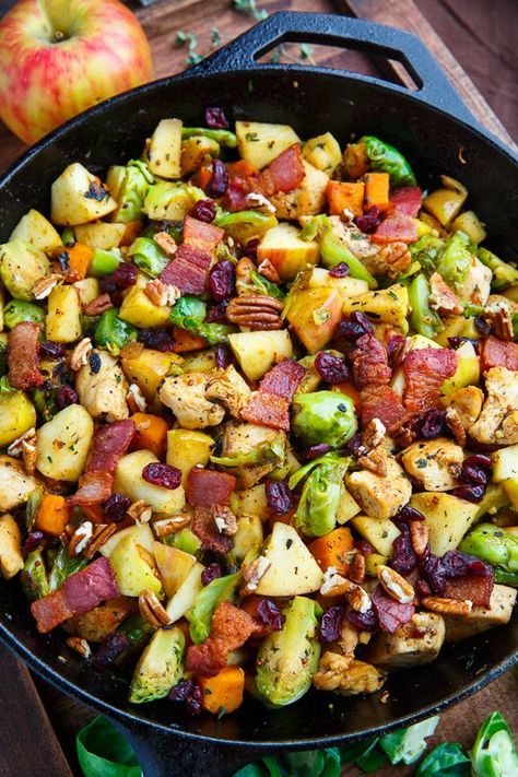 Harvest Skillet Chicken with Apples, Brussels Sprouts and Sweet Potatoes Chicken Recipes Skillet, Harvest Skillet, Brussels Sprouts And Sweet Potatoes, Chicken With Apples, Sprouting Sweet Potatoes, Closet Cooking, Paleo Dinner, Skillet Chicken, Skillet Meals