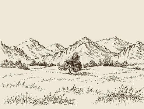 Prairie and mountains drawing royalty free illustration Drawing View Nature Pencil, Skyscrapers Drawing, Mountain Sketch, City Skyscrapers, View Drawing, Landscape Pencil Drawings, Mountain Drawing, Landscape Sketch, Background Drawing