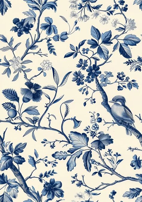 The image is a blue and white floral pattern. It features a variety of flowers, leaves, and birds ->> more details in ai-img-gen.com Blue And White Floral Pattern, Fineliner Art, Pattern Photography, Toile Pattern, Floral Toile, Chinese Pattern, French Toile, Beige Wallpaper, Blue And White Floral