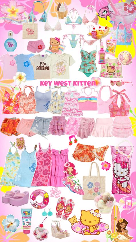 #summer #beach #beachy #aesthetic #keywestkitten #sanrio #hellokitty #clothes #collage #strawberryshortcake #beachgirl #fashion #pink #hotgirlsummer #cute #cutecore #tropical #tropicore #orange #pinkandorange #hibiscus Beachy Y2k Aesthetic, Beachy Core Outfits, Beachy 2000s Aesthetic, Tropical Gyaru Aesthetic, Pink And Orange Beach Aesthetic, 2000s Beach Aesthetic Outfits, Tropical Core Clothes, Key West Kitten Aesthetic Outfits, H2o Summer Aesthetic