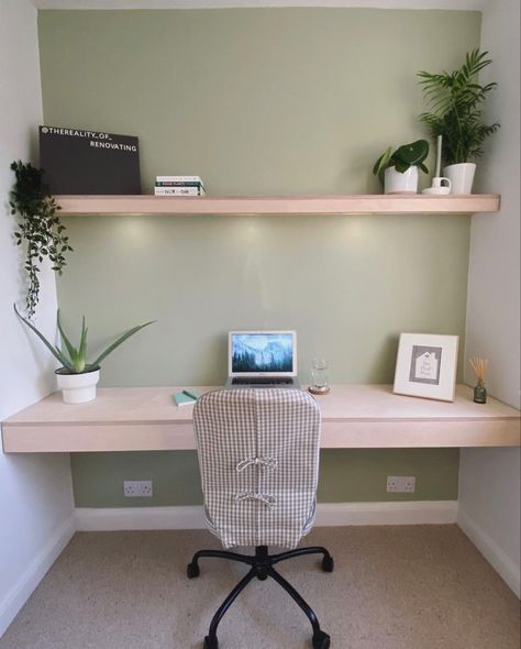 Mint Green Office Walls, Sage Accent Wall Office, Mint Green Walls Living Room Decor, Mint Home Office, Light Sage Green Office, Sage Office Walls, Sage Green Study Room, Sage Office Decor, Light Sage Green Room