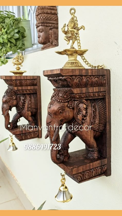 12 inches ht Completely handcarved in solid walnut wood. Wooden Hanging Decor, Prabhavali Wall Decor, Entrance Hall Decor Ideas, Pooja Room Ideas Indian Modern, Wooden Showpiece, Brass Wall Decor, Wood Carving Art Sculpture, Indian Wall Decor, Spiritual Figures