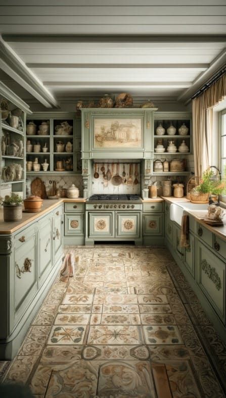 5 Chic Kitchen Cabinet Upgrades Cottage Core Cabinets, Sage Cupboards, Sage And Lavender Kitchen, Lower Kitchen Cabinet Ideas, American Farmhouse Interior, Green Lower Kitchen Cabinets, Spanish House Decor, Sage Green Cabinets, Light Green Kitchen