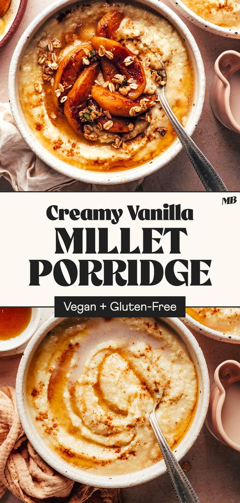 Creamy and comforting millet porridge made with whole grain millet. A warming and subtly sweet breakfast that’s perfect for meal prep. Just 5 ingredients and 1 pot required! Millet Porridge Breakfast, Cream Of Wheat Recipes, Millet Pudding, Healthy Porridge Recipes, Millet Recipes Breakfast, Millet Breakfast, Vegan Porridge, Gluten Free Porridge, Ayurvedic Food