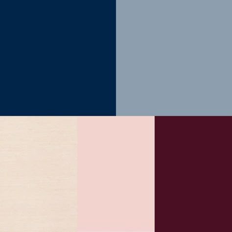 Navy, Dusty Blue, Champagne, blush and Burgundy color scheme Dusty Blue And Burgundy Color Palettes, Pink And Navy Color Scheme, Burgundy And Navy Bathroom Ideas, Colors That Go Good With Navy Blue, Burgundy And Blue Interior Design, Dark Blue Pink Color Palette, Navy Burgundy Living Room, Navy And Burgundy Living Room Decor, Navy Blue And Burgundy Living Room