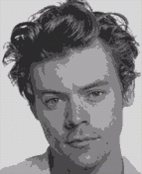 Harry Styles Cross Stitch Patterns, Harry Styles Crochet Grid, Harry Styles Crochet Pattern, Alpha Pattern Harry Styles, Celebrity Pixel Art, Harry Styles Perler Beads, Harry Styles Cross Stitch, Pixel Art Hard, Cross Stitch Harry Potter