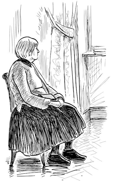 Sitting Sketch, Sitting Drawing, Sitting At Window Drawing, Old Woman Sketch, Sitting Woman Sketch, Person Sitting In Chair Drawing, Old Lady Sketch, Old Lady Drawing, Old People Drawing