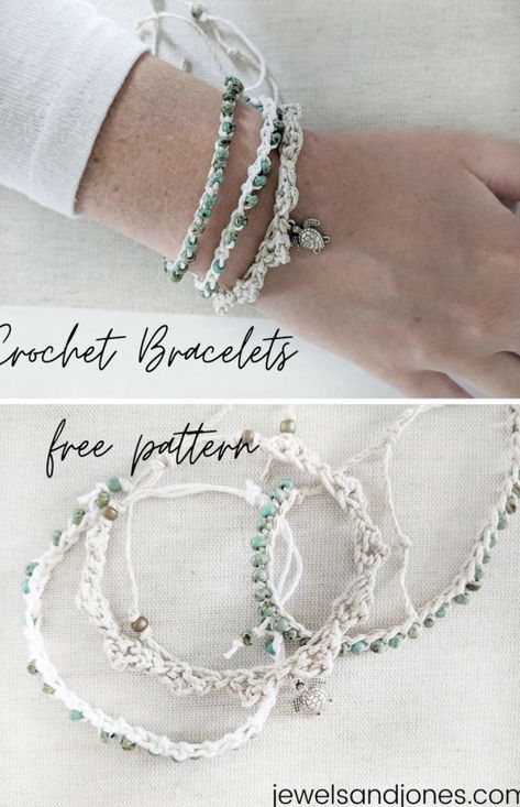 Crochet Beaded Bracelets – Free Crochet Pattern Crochet Boho Bracelet, Crochet Jewellery Patterns, Beaded Crochet Jewelry, Seed Bead Crochet Patterns Free, Crochet Friendship Bracelets, Crochet With Beads, Crochet Bracelet Tutorial, Bracelets With Beads, Yarn Jewelry