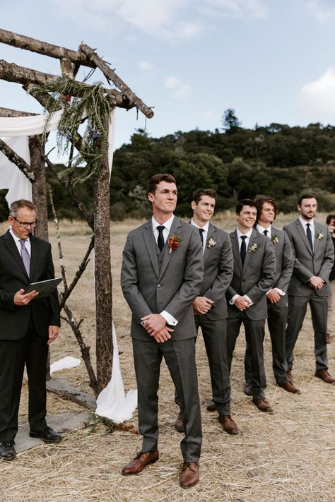 Farm Wedding Tuxedo, Dark Grey Suit Wedding Charcoal Bridesmaid Dresses, Groomsman Charcoal Suit, Men Grey Tuxedo Wedding, Charcoal Gray Wedding Colors, Grey Groom Suit Fall Wedding, Groom Different Suit Than Groomsmen, Slate Gray Groomsmen Suits, Charcoal Suits Wedding