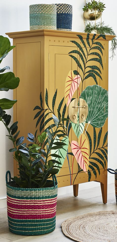 Tropical Interior, Wood Armoire, Wooden Cabinet, Modern Home Furniture, Furniture Renovation, Oliver Bonas, Hand Painted Furniture, Furniture Painting, Yellow Painting