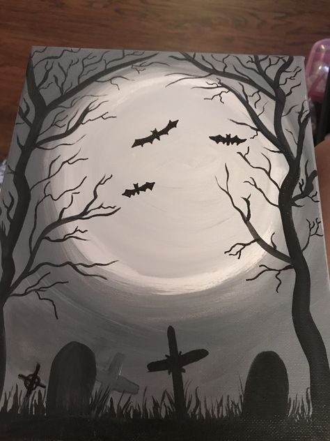 Paint Idea For Beginners, Spooky Paintings Easy Step By Step, Big Canvas Painting Ideas Halloween, Diy Halloween Canvas Art, Things To Paint On Canvas Acrylics, Bat Canvas Painting, Cemetery Painting Easy, Spookify Paintings, Halloween Painting Easy Canvas