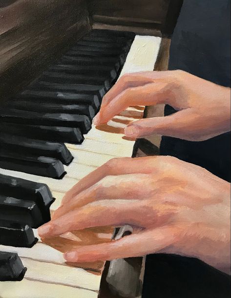 Hands Playing Piano Reference, Piano Acrylic Painting, Piano And Flowers, Pianist Drawing, Pianist Painting, Piano Oil Painting, Music Painting Ideas, Instrument Painting, Piano Painting