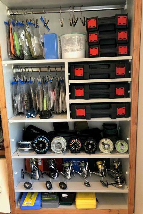 THE PERFECT FISHING ROOM - PART 2 | The Mission Fly Fishing Magazine How To Organize Fishing Stuff, Fishing Gear Storage Garage, Fishing Garage, Fishing Room Organization, Fishing Organization Ideas Garage, Fishing Set Up, Fly Tying Room, Fishing Storage Ideas, Fishing Cabinet