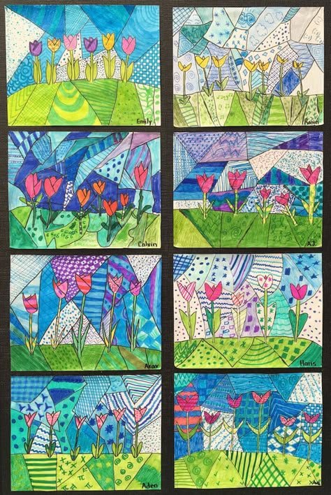 Spring Art Projects, Tulips Art, 3rd Grade Art, Art Lessons For Kids, Art Children, Classroom Art, Elementary Art Projects, Art Lesson Ideas, Easter Art