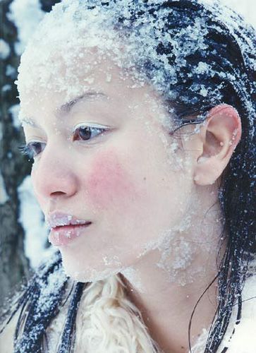 Winter: I'm not into the pink cheeks, but the rest is excellent.  I used eyelash glue to attach fake snow, plus I had highly gelled hair that I poured more 'snow' in. Ice Makeup, Frozen Makeup, Ice Queen Makeup, Alabaster Skin, Ice Hair, Mr Freeze, Special Makeup, Queen Makeup, Pink Cheeks