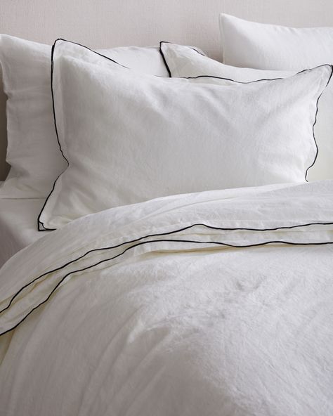 Quince | European Linen Double Embroidered Edge Duvet Cover Set in White with Black Embroidery, Size King/Cal King #zicxa-photos #zicxa #images #background #wallpaper #freepik #shutterstock #VN White Duvet With Black Trim, Chic Duvet Cover, White With Black Bedroom Ideas, White Bedding With Black Trim, All Black Bedding, Black And White Bedding Ideas, White And Black Bedding, Bed Covers Ideas, White Bedding Ideas