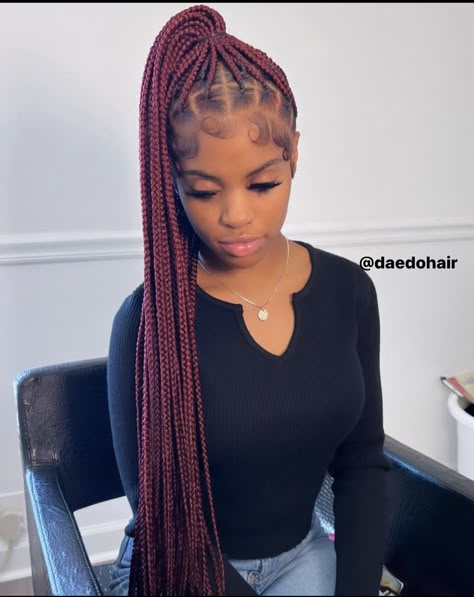 Burgundy Braided Ponytail, Knotless Braids Length Chart, Twist Hairstyle, Hairstyle Ideas Easy, Black Ponytail Hairstyles, Cute Braided Hairstyles, Box Braids Hairstyles For Black Women, Cute Box Braids Hairstyles, Braids Hairstyles Pictures